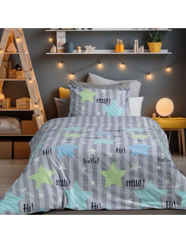 Beauty Home Σετ παπλωματοθήκη φανελένια μονή Hello Art 6321 160x240 Γκρι,Mπλε